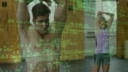 Gym duo starting overhead tricep stretch preparing workout, code overlay scrolling over subjects