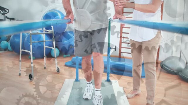 Patient starting treadmill walking on bars while rehab PT assessing gait lateral shift pelvic drop