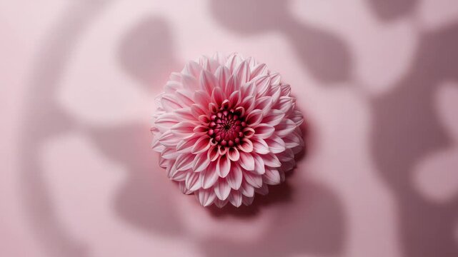 Pink dahlia flower with moving patterned shadows on soft pink background