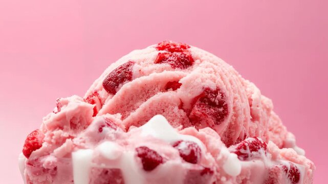 Close-up of strawberry ice cream scoop with cream drizzle on pink background