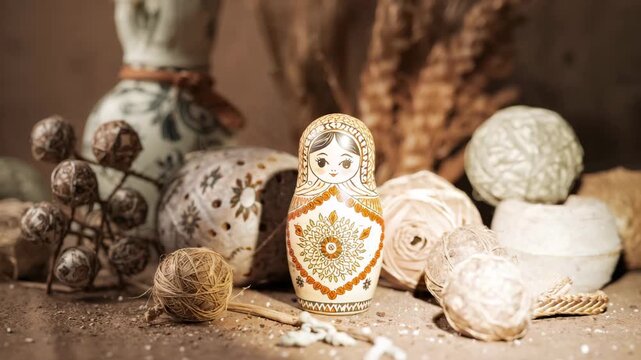 Wooden matryoshka doll in rustic still life with dried botanicals