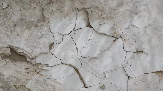 Close-up of peeling white paint revealing cracked plaster wall