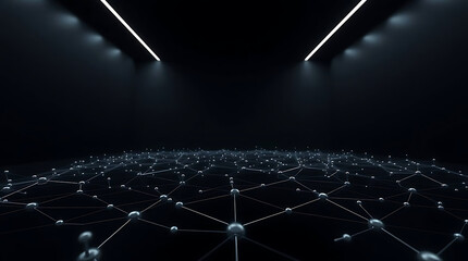 Abstract dark digital network grid of connected nodes and lines representing technology, data flow, artificial intelligence, and global connection in a futuristic environment with dramatic lighting