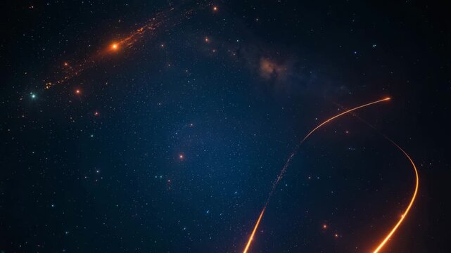 Glowing comets streak across starfield with looping trails and ample copy space