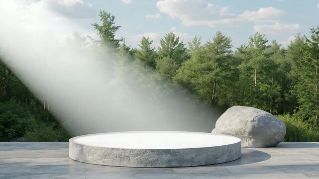 Stone display podium in forest with sweeping sunbeam and natural daylight