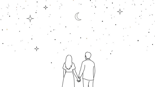 Minimalist line art drawing of a couple holding hands gazing up at the crescent moon and starry night sky