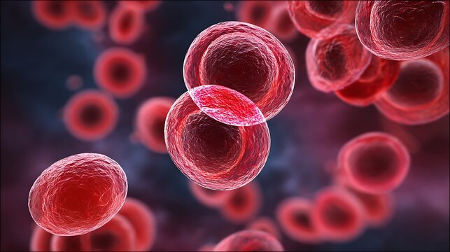 High quality image of microscopic view of red human cells in the process of division or interaction.