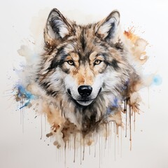 Majestic Watercolor Wolf Portrait. Spirit of Forest. Wild Animal Mascot. powerful and Cruel Wild Dog Face Portrait Watercolor Art. 