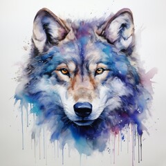Majestic Watercolor Wolf Portrait. Spirit of Forest. Wild Animal Mascot. powerful and Cruel Wild Dog Face Portrait Watercolor Art. 