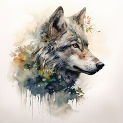 Majestic Watercolor Wolf Portrait. Spirit of Forest. Wild Animal Mascot. powerful and Cruel Wild Dog Face Portrait Watercolor Art. 