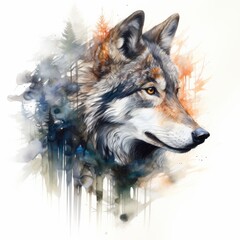 Majestic Watercolor Wolf Portrait. Spirit of Forest. Wild Animal Mascot. powerful and Cruel Wild Dog Face Portrait Watercolor Art. 