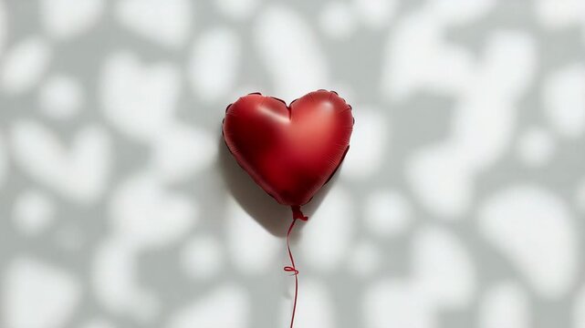 Red heart balloon floating over soft studio wall with romantic patterned shadows