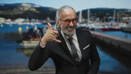 Man in suit makes call me hand gesture and points finger toward boat at a seaside port; friendly confidence.