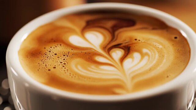 Close-up of frothy coffee with latte art in a white cup