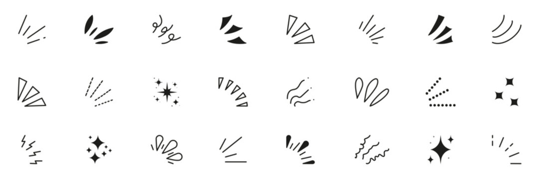 Line explosion surprise burst ray icon elements. Doodle exclamation confetti vector illustration. Manga comic expression icons. Sun burst doodle icon. Isolated Vector Illustration