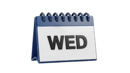 Blue Desk Calendar Showing Wednesday With Spiral Binding and White Pages Isolated on Transparent Background Clean Design Object