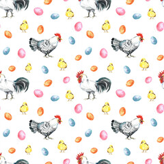 Happy chicken seamless pattern. Farm Animals, Rooster, Hen, Bio Eggs, Coop, Chicks, Nest, Eco Village. Isolated elements. Stock illustration. Hand painted in watercolor.