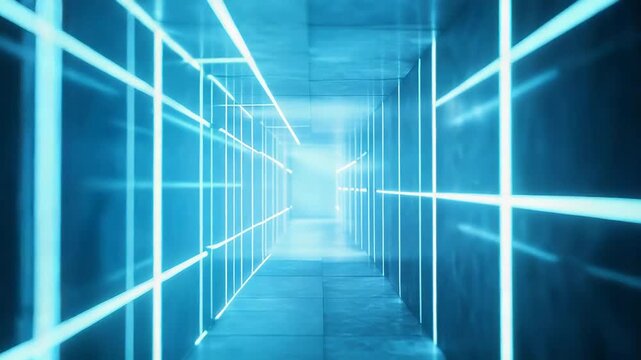 Futuristic neon light tunnel disappearing into digital grid path