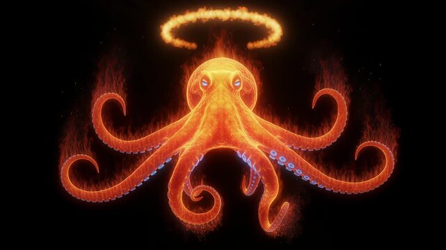 Fiery glowing octopus floats on a deep black background with curling tentacles and bioluminescent details, surrounded by ample negative space suitable for text placement and graphic design application