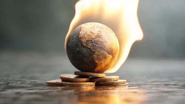 Conceptual Image of a Dystopian World with Globe, Flames, and Coins Symbolizing Economic Struggles and Environmental Crisis 4k video footage
