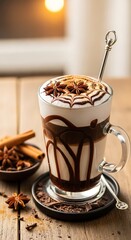 A tall glass of latte decorated with chocolate drizzle, star anise, and cinnamon. It sits on a wooden table