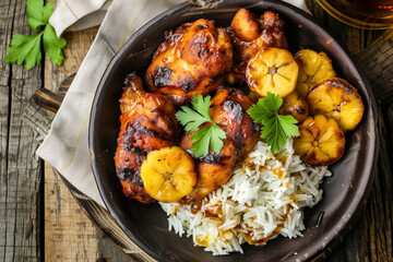 jerk chicken with plaintains rice and honey, top view