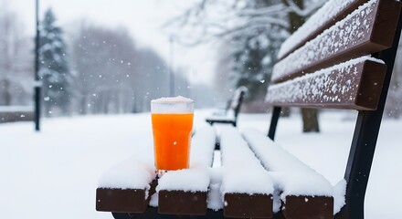 A tall glass of orange liquid sits on a snow-covered park bench during a snowfall. The background shows trees and more benches