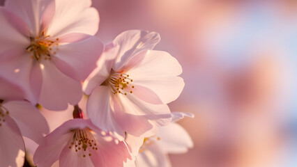 Close-up of delicate cherry blossoms blooming with soft pastel pink petals under gentle sunlight