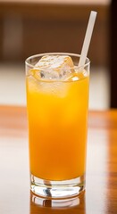 A tall glass of vibrant orange beverage, filled with ice and a straw, sits on a wooden surface