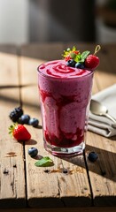 A tall glass of vibrant purple smoothie, garnished with fresh berries and mint, sits on a rustic wooden table