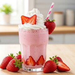 A tall glass of pink beverage with whipped cream, strawberries, and a striped straw, on a wooden surface with a kitchen background