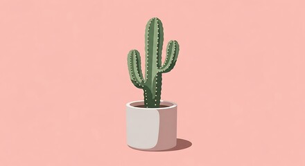 A tall, green cactus sits in a white pot against a light pink background, casting a shadow. Clean, simple, and minimalist