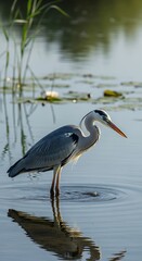 A tall, grey bird stands in calm, shallow water. Green reeds and lily pads dot the edges, with a reflected image below