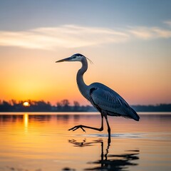 A tall, grey bird strides through calm water at sunset. The sky is ablaze with orange and gold hues. Bare trees silhouette the far shore