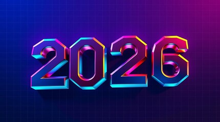 Vibrant neon glowing 3d text rendering of the year 2026 set against a dark blue retro synthwave grid background for futuristic celebration