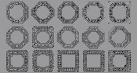 Intricate Ornamental Geometric Frame Collection &mdash; Decorative Vintage Borders, Octagon and Square Line Art Designs for Templates, Packaging, and Digital Artwork