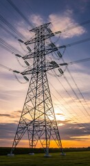 A tall metal latticework structure, carrying power cables, silhouetted against a colorful sunset sky over a grassy field