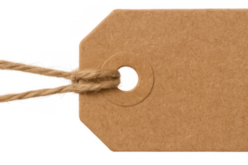 Craft paper tag with rustic string tie, blank brown cardboard label for price or gift, transparent background