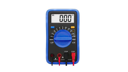Blue Digital Multimeter With Black Casing And Red And Black Probes Displaying Zero Volts In A Studio Setting On A Transparent Background
