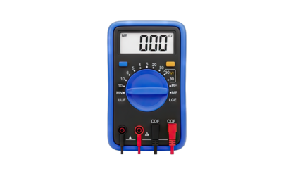 Blue Digital Multimeter With Black Casing And Red And Black Probes Displaying Zero Volts In A Studio Setting On A Transparent Background