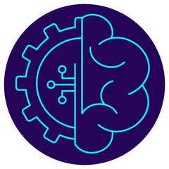 AI Process Automation Icon. Minimalistic neon outline on a dark blue round background. Vector illustration of a brain combined with a digital gear, symbolizing cognitive computing, automated workflow