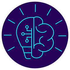 Artificial Intelligence Icon. Minimalistic neon outline on a dark blue round background. A stylish vector illustration of a brain combined with a digital light bulb. Innovative AI solutions