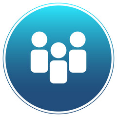 Modern Teamwork Icon: Vector icon of a group of three people in a circle, featuring a blue-cyan gradient background. Ideal for community, team, users, social network, and corporate HR interfaces