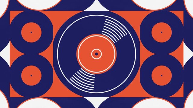 Animated Mid-Century Modern Geometric Pattern Loop: Vinyl Record Motif in Bold Orange, Navy, and White