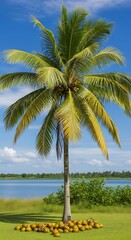 A tall palm tree laden with coconuts stands on a grassy field, with a body of water and blue sky in the background