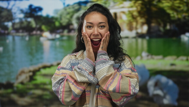 Young woman hispanic with hands on cheeks and open mouth clapping in park by a green pond, wearing patterned jacket and hoop earrings; joy.