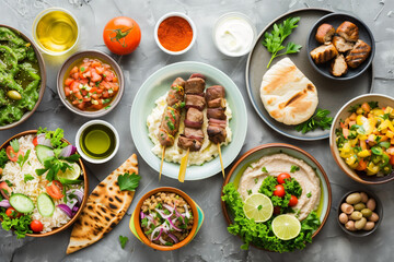 middle eastern or arabic dishes and assorted meze, top view