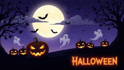 Fototapeta premium Halloween night with glowing pumpkins, flying bats, and spirits