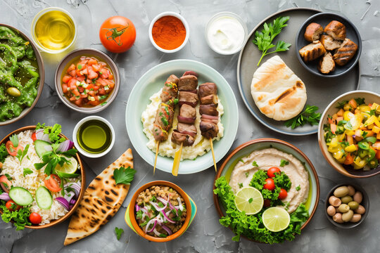 middle eastern or arabic dishes and assorted meze, top view