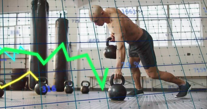 Man leaning forward gripping kettlebells alternating rows overlaying grid trend data for workout
